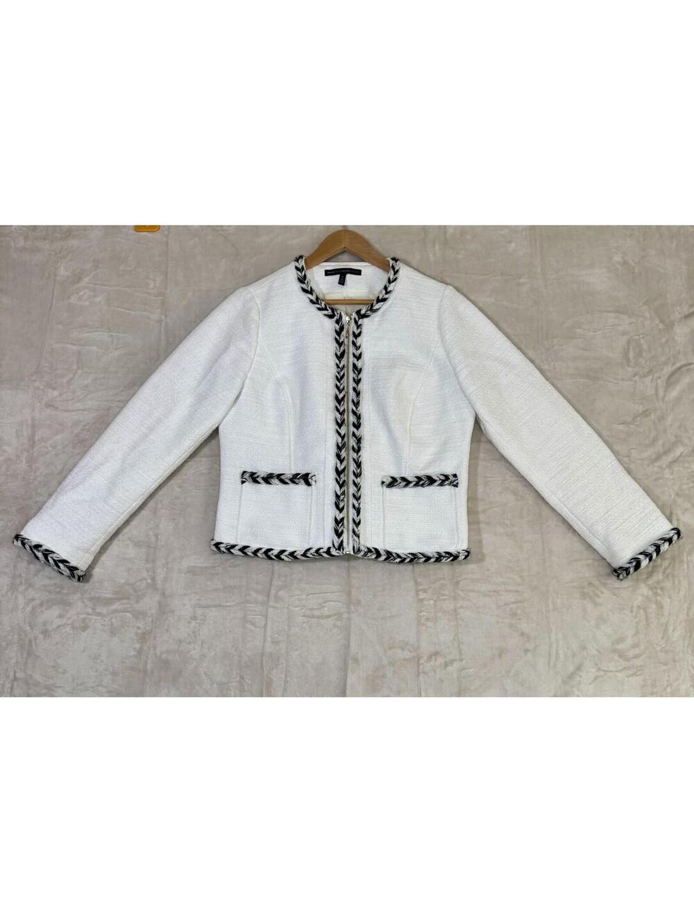 White House Black Market Jacket Women 12 White Tweed Cropped Blazer Trim Zip